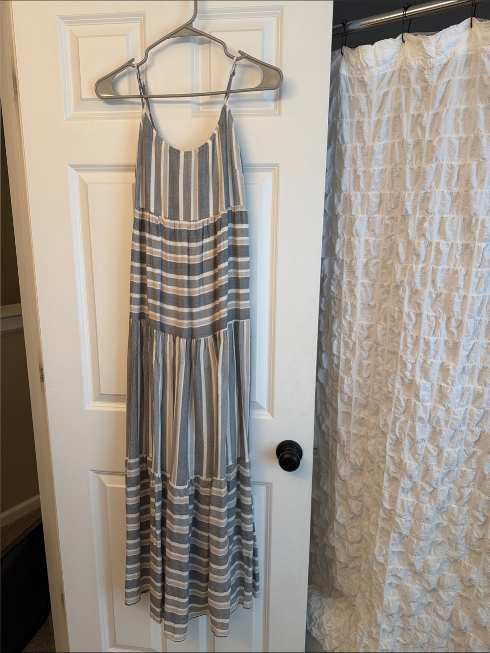 Boutique Striped Gray and Cream Maxi Sundress with Spaghetti Straps.
